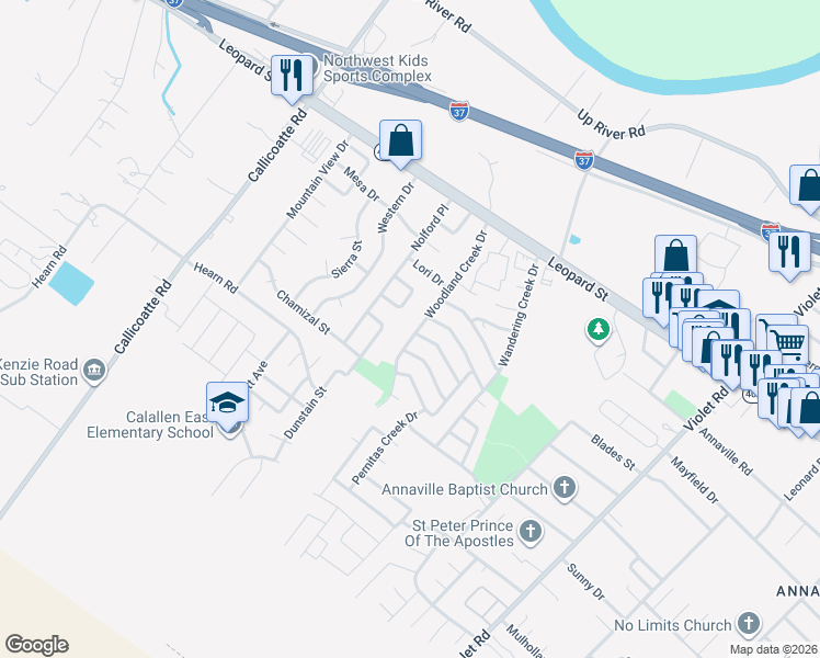 map of restaurants, bars, coffee shops, grocery stores, and more near 4129 Woodland Creek Drive in Corpus Christi