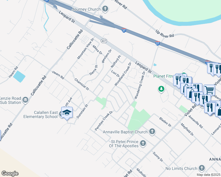 map of restaurants, bars, coffee shops, grocery stores, and more near 4129 Woodland Creek Drive in Corpus Christi