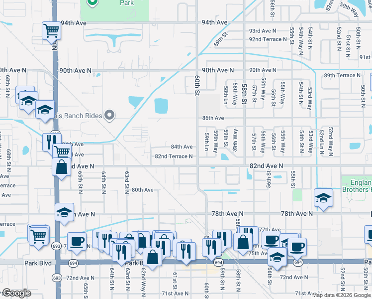 map of restaurants, bars, coffee shops, grocery stores, and more near 6041 82nd Terrace North in Pinellas Park