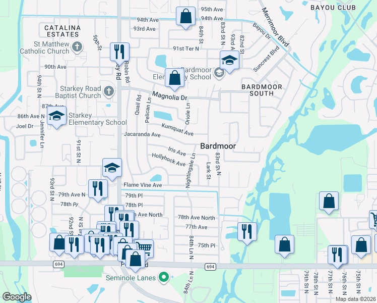map of restaurants, bars, coffee shops, grocery stores, and more near 8415 Iris Avenue in Seminole