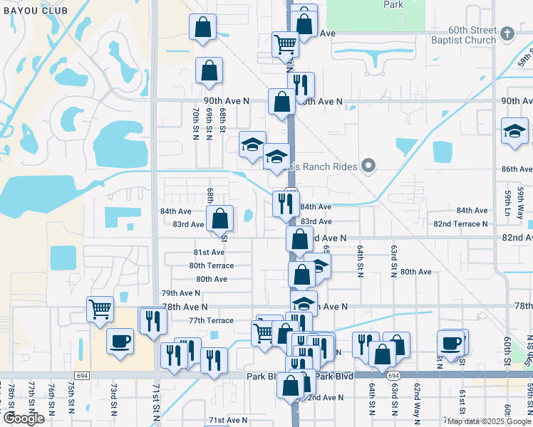 map of restaurants, bars, coffee shops, grocery stores, and more near 6675 83rd Avenue North in Pinellas Park