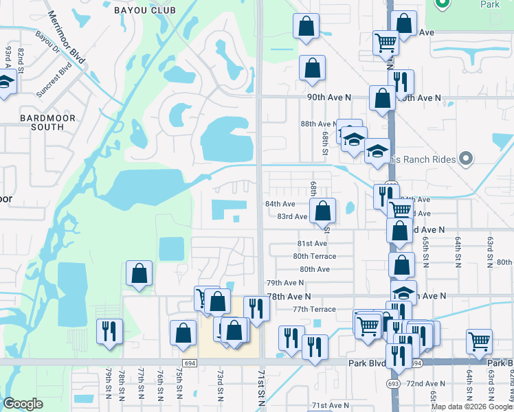 map of restaurants, bars, coffee shops, grocery stores, and more near 8348 Belcher Road in Pinellas Park