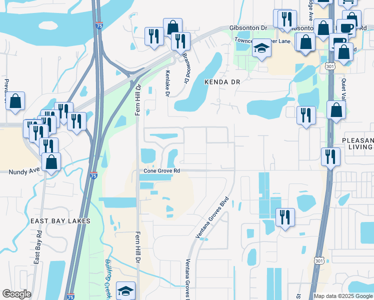 map of restaurants, bars, coffee shops, grocery stores, and more near 10125 Crested Fringe Drive in Riverview