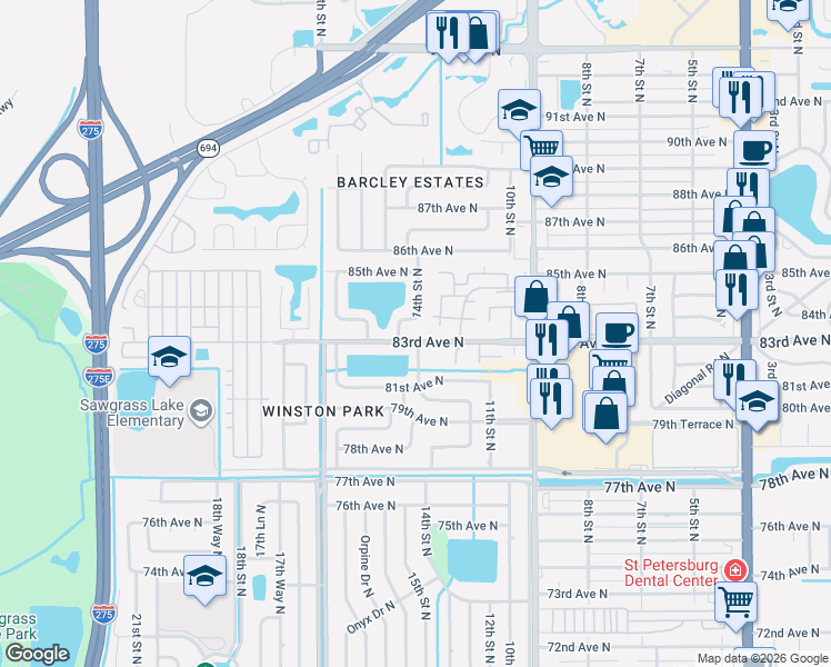 map of restaurants, bars, coffee shops, grocery stores, and more near 1400 83rd Avenue North in St. Petersburg