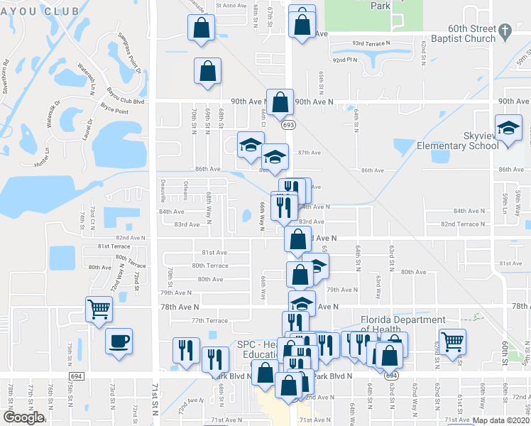 map of restaurants, bars, coffee shops, grocery stores, and more near 6638 83rd Avenue North in Pinellas Park