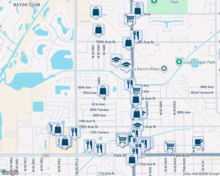 map of restaurants, bars, coffee shops, grocery stores, and more near 8310 Vendome Boulevard in Pinellas Park