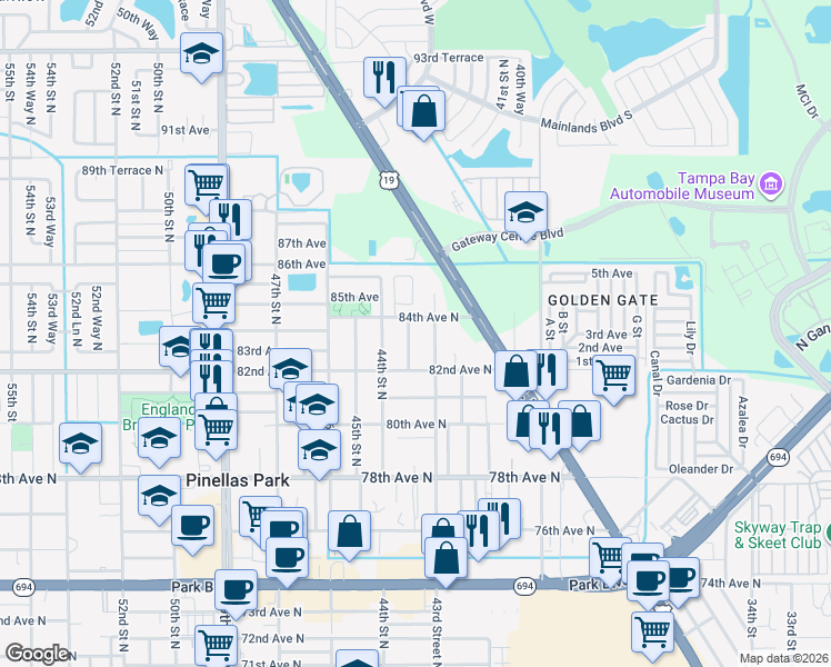map of restaurants, bars, coffee shops, grocery stores, and more near 8341 43rd Way North in Pinellas Park