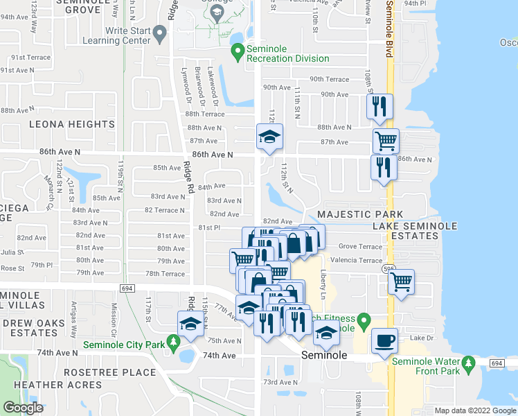 map of restaurants, bars, coffee shops, grocery stores, and more near 8275 113th Street in Seminole