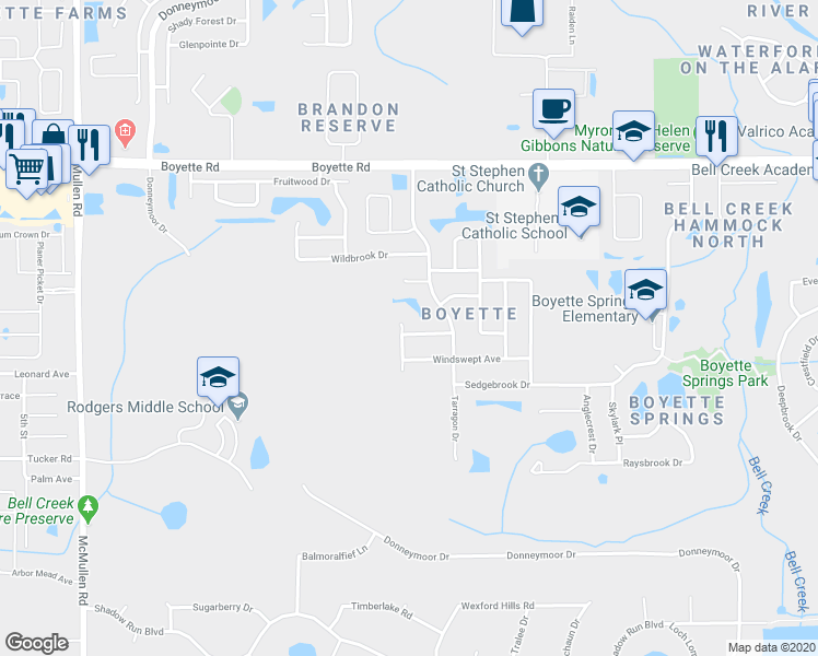 map of restaurants, bars, coffee shops, grocery stores, and more near 12302 Huckleberry Court in Riverview