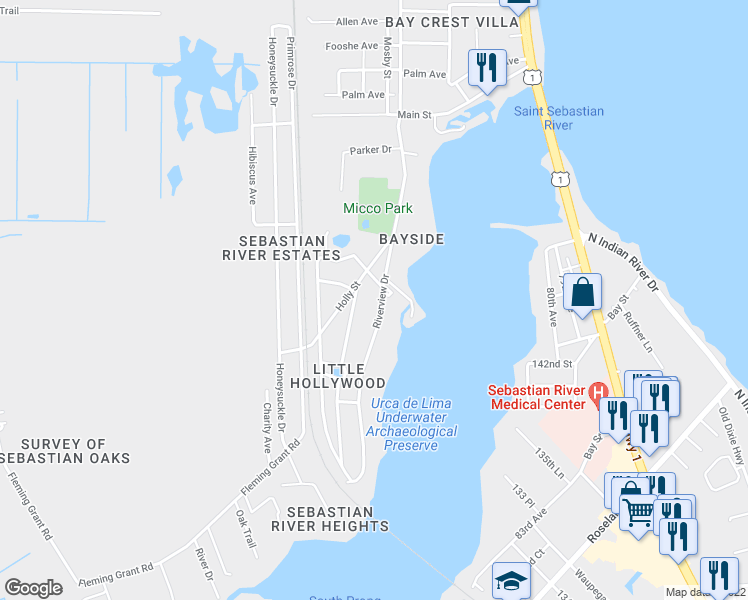 map of restaurants, bars, coffee shops, grocery stores, and more near 9807 Riverview Drive in Sebastian