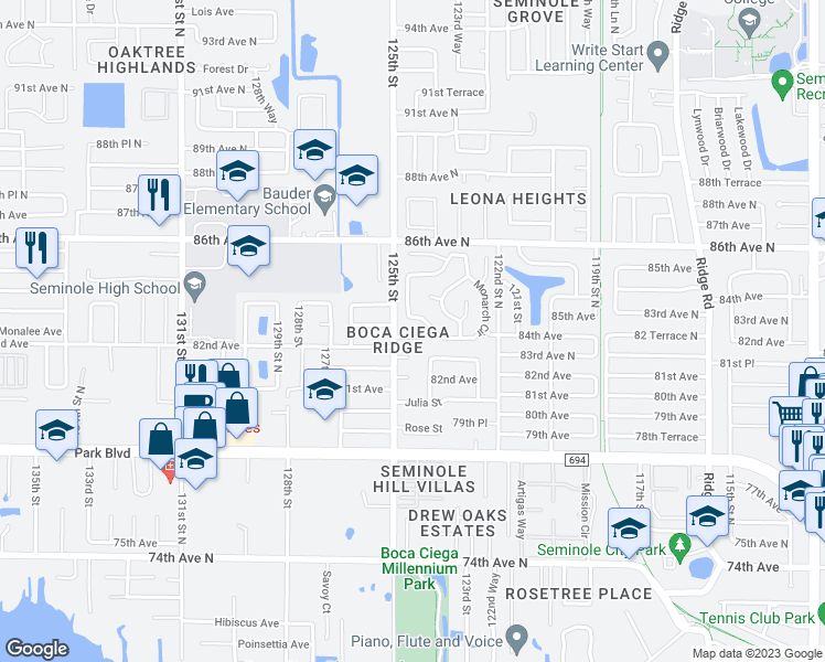 map of restaurants, bars, coffee shops, grocery stores, and more near 12453 82 Terrace North in Seminole