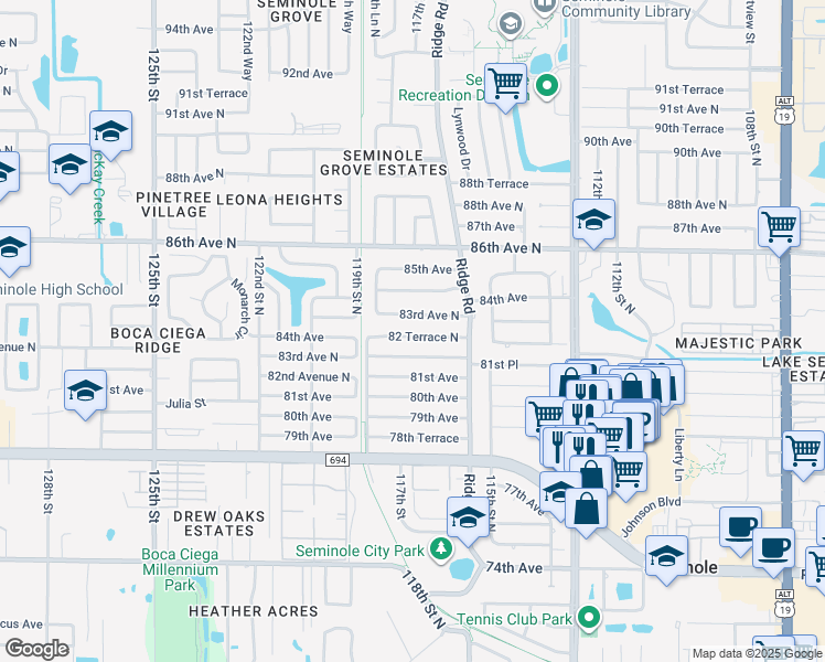 map of restaurants, bars, coffee shops, grocery stores, and more near 11715 82 Terrace North in Seminole