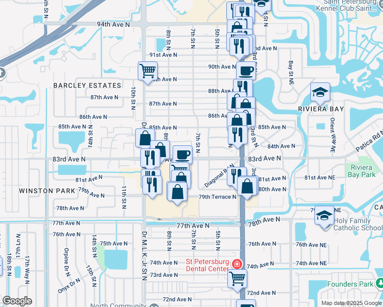 map of restaurants, bars, coffee shops, grocery stores, and more near 700 83rd Avenue North in St. Petersburg