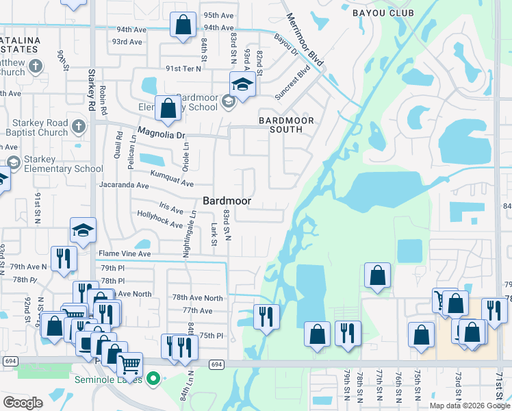 map of restaurants, bars, coffee shops, grocery stores, and more near 8178 83rd Avenue in Seminole