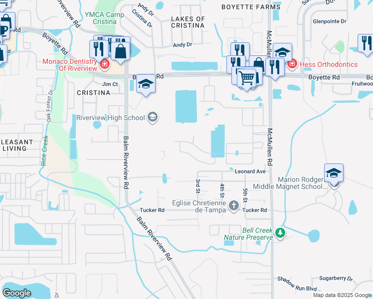 map of restaurants, bars, coffee shops, grocery stores, and more near 11509 Cedar Valley Drive in Riverview