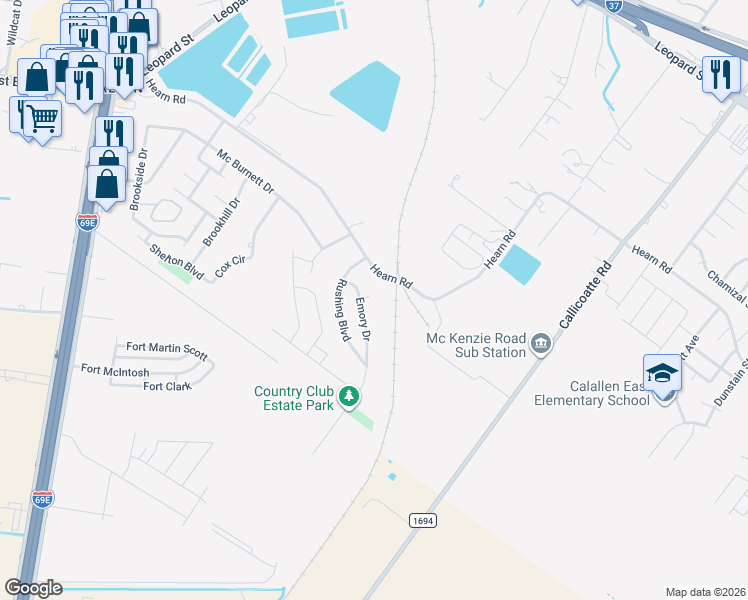 map of restaurants, bars, coffee shops, grocery stores, and more near 3606 Emory Drive in Corpus Christi