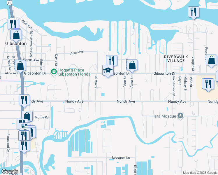 map of restaurants, bars, coffee shops, grocery stores, and more near 7723 Gibsonton Drive in Gibsonton