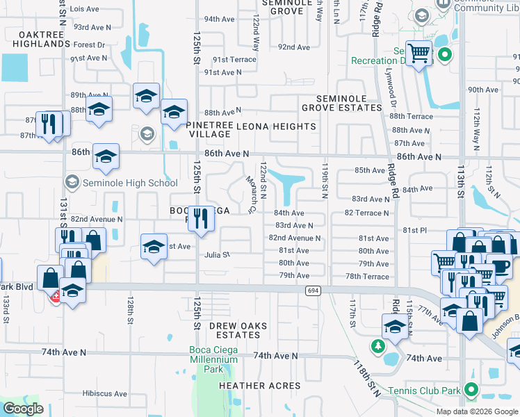 map of restaurants, bars, coffee shops, grocery stores, and more near 12196 84th Avenue in Seminole