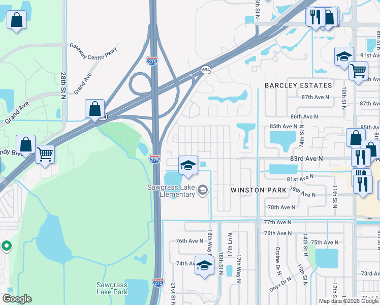 map of restaurants, bars, coffee shops, grocery stores, and more near 82 83rd Avenue North in St. Petersburg