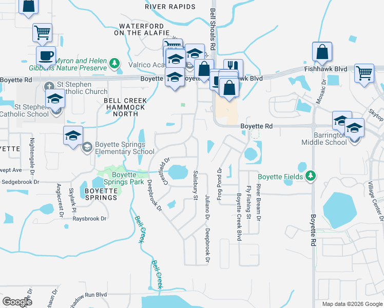 map of restaurants, bars, coffee shops, grocery stores, and more near 10403 Crestfield Drive in Riverview