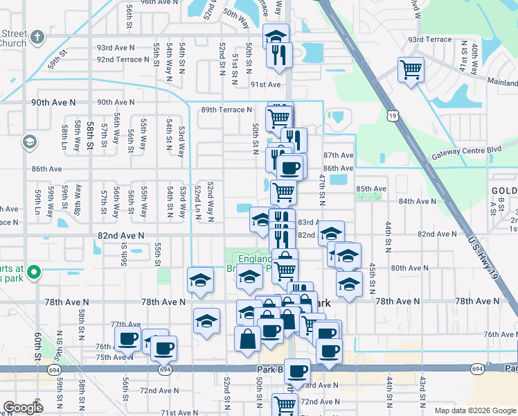 map of restaurants, bars, coffee shops, grocery stores, and more near 8 50th Street North in Pinellas Park