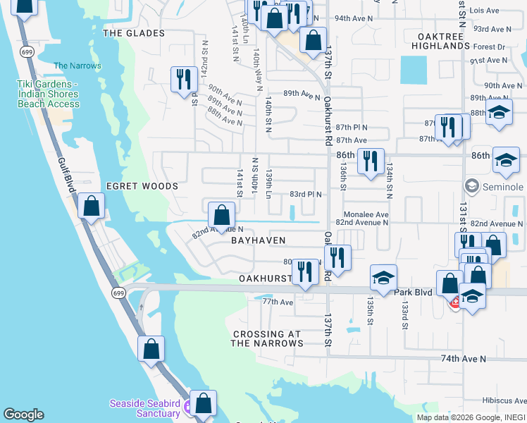 map of restaurants, bars, coffee shops, grocery stores, and more near 13946 82nd Terrace North in Seminole