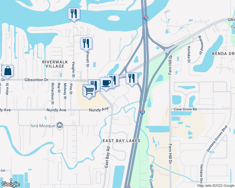 map of restaurants, bars, coffee shops, grocery stores, and more near 10626 East Bay Road in Gibsonton
