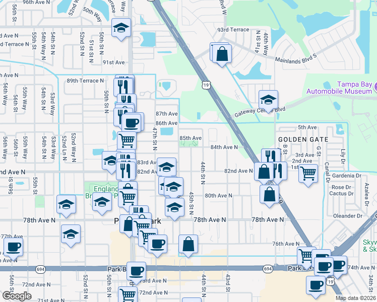 map of restaurants, bars, coffee shops, grocery stores, and more near 8301 45th Street North in Pinellas Park