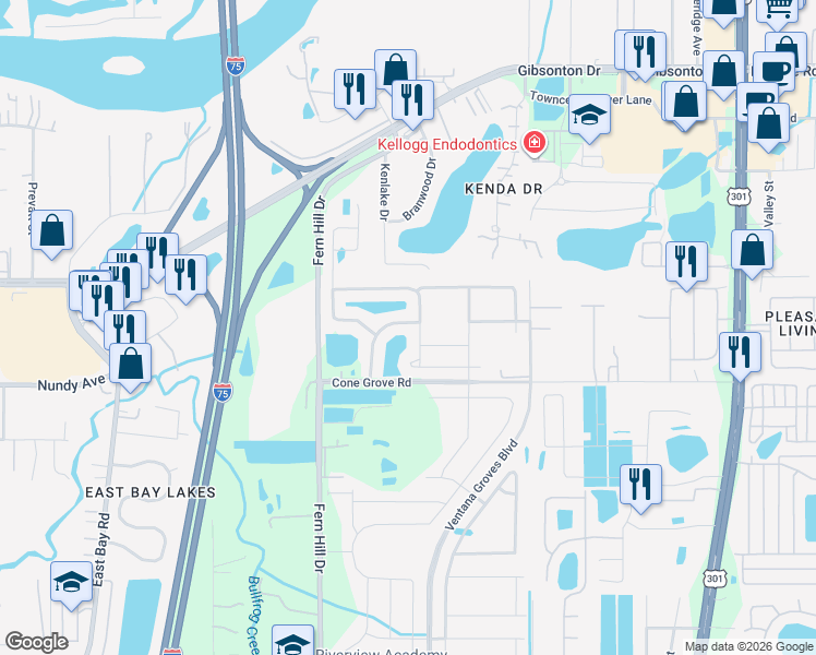 map of restaurants, bars, coffee shops, grocery stores, and more near 10504 Fuzzy Cattail Street in Riverview