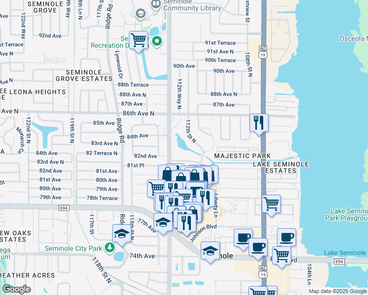 map of restaurants, bars, coffee shops, grocery stores, and more near in Seminole