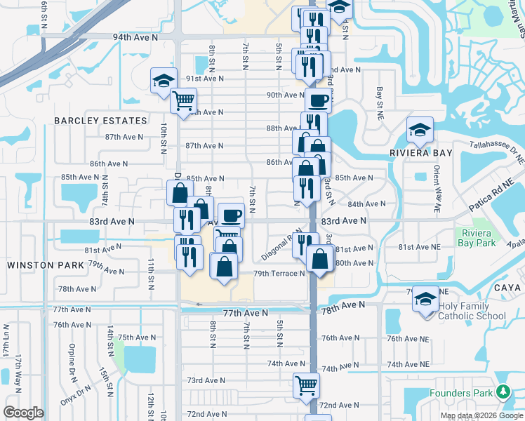 map of restaurants, bars, coffee shops, grocery stores, and more near 700 83rd Avenue North in St. Petersburg