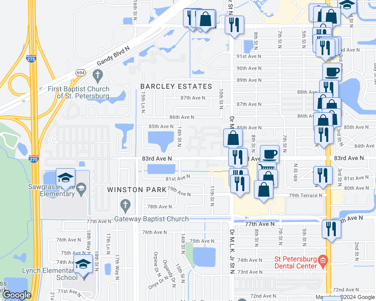 map of restaurants, bars, coffee shops, grocery stores, and more near 26 12th Street North in St. Petersburg