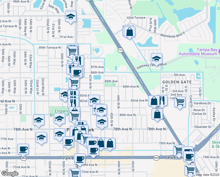 map of restaurants, bars, coffee shops, grocery stores, and more near 8301 45th Street North in Pinellas Park