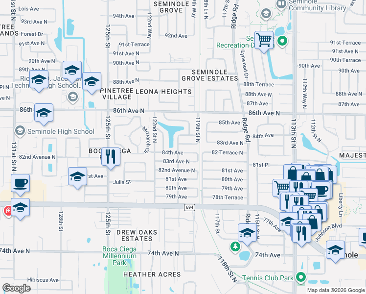 map of restaurants, bars, coffee shops, grocery stores, and more near 11948 84th Avenue in Seminole