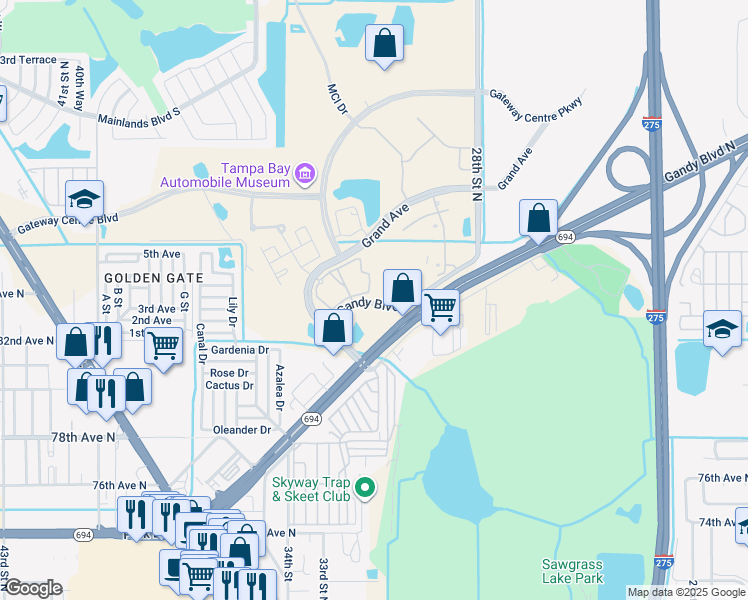 map of restaurants, bars, coffee shops, grocery stores, and more near 3110 Grand Avenue in Pinellas Park