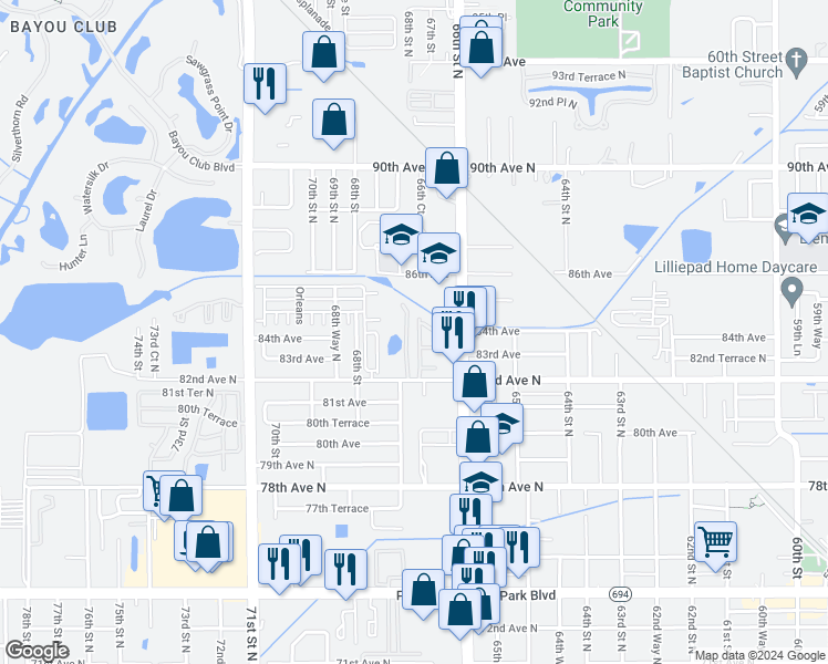map of restaurants, bars, coffee shops, grocery stores, and more near 8378 66th Way North in Pinellas Park