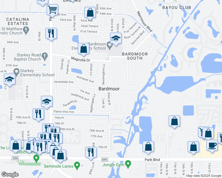 map of restaurants, bars, coffee shops, grocery stores, and more near 8280 Jacaranda Avenue in Seminole