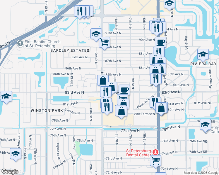 map of restaurants, bars, coffee shops, grocery stores, and more near in St. Petersburg
