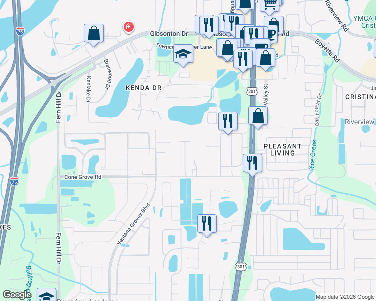 map of restaurants, bars, coffee shops, grocery stores, and more near 10614 Sweet Sapling Street in Riverview