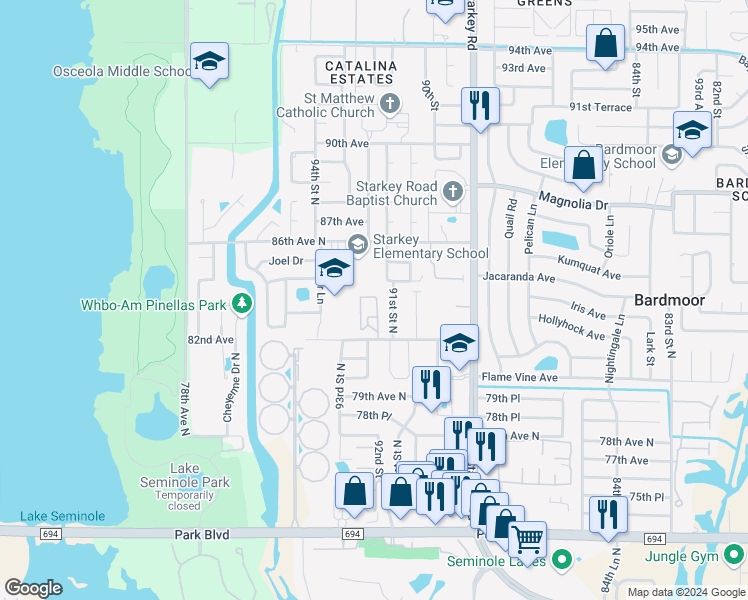 map of restaurants, bars, coffee shops, grocery stores, and more near 9225 82nd Avenue in Seminole