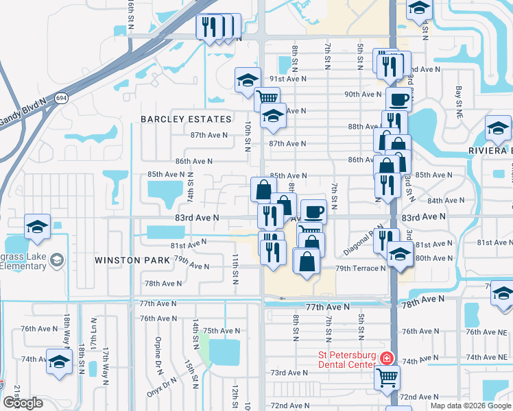 map of restaurants, bars, coffee shops, grocery stores, and more near in St. Petersburg