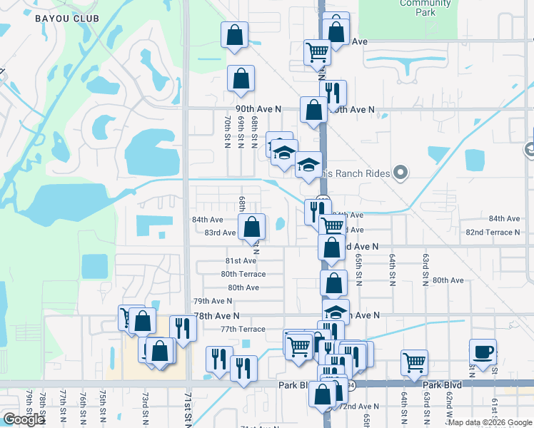 map of restaurants, bars, coffee shops, grocery stores, and more near 8310 Vendome Boulevard in Pinellas Park