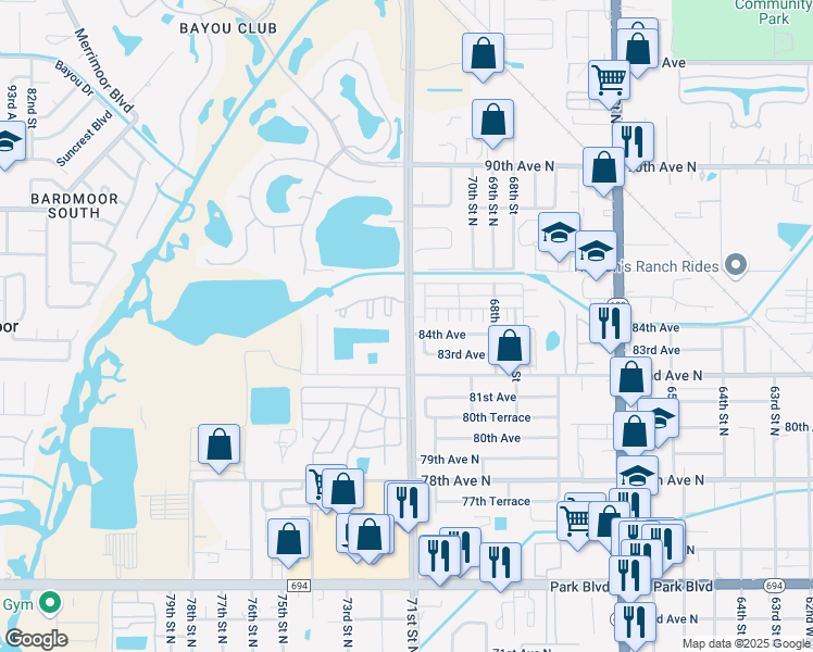 map of restaurants, bars, coffee shops, grocery stores, and more near 8348 Belcher Road in Pinellas Park