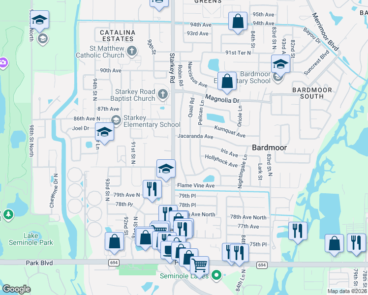 map of restaurants, bars, coffee shops, grocery stores, and more near 8260 Quail Road in Seminole