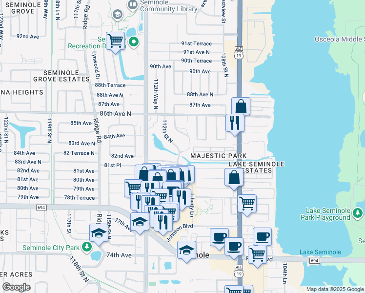 map of restaurants, bars, coffee shops, grocery stores, and more near 8220 112th Street North in Seminole