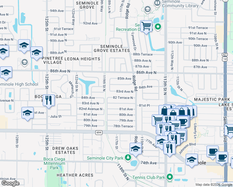 map of restaurants, bars, coffee shops, grocery stores, and more near 11714 82 Terrace North in Seminole