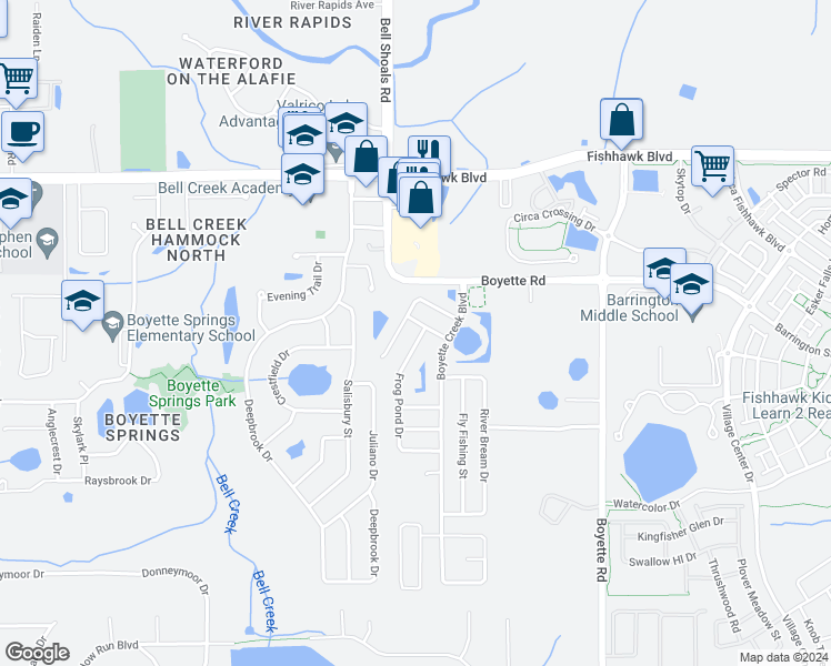 map of restaurants, bars, coffee shops, grocery stores, and more near 10303 Frog Pond Drive in Riverview