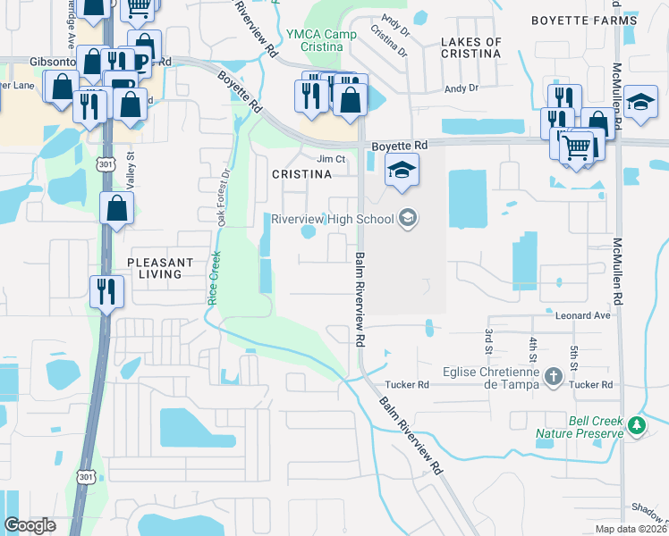 map of restaurants, bars, coffee shops, grocery stores, and more near 11203 Lark Landing Court in Riverview