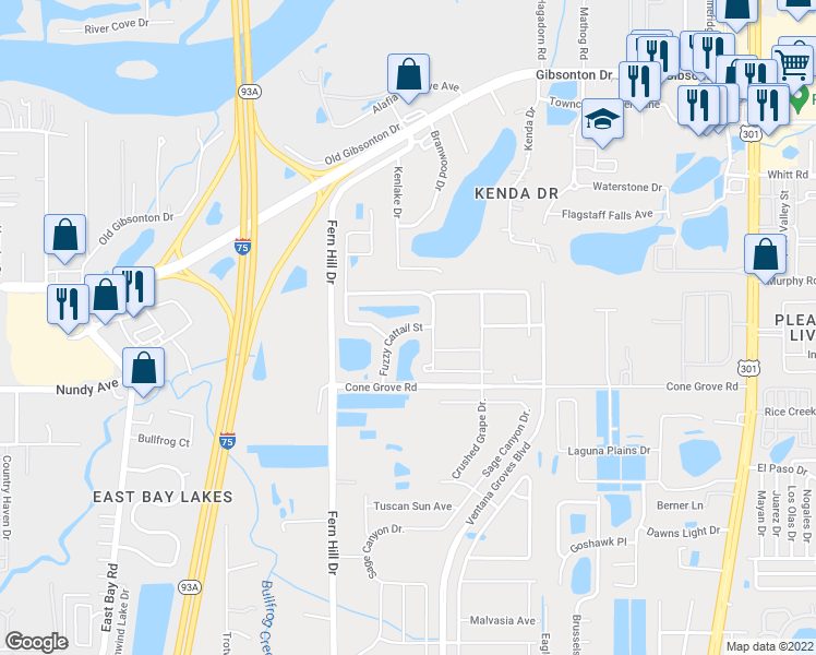 map of restaurants, bars, coffee shops, grocery stores, and more near 10620 Fuzzy Cattail Street in Riverview