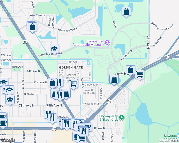 map of restaurants, bars, coffee shops, grocery stores, and more near 34275 Lily Drive in Pinellas Park